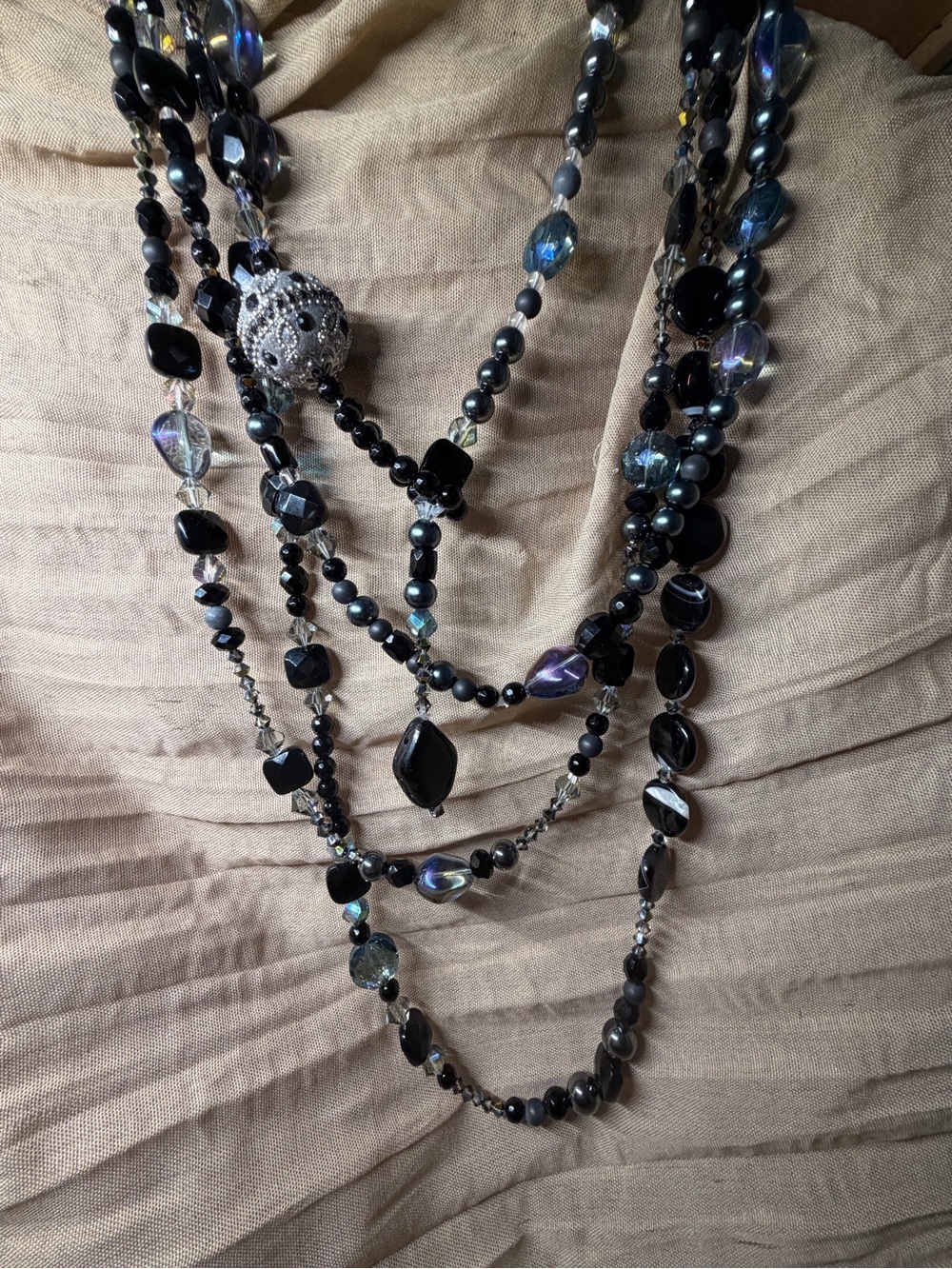 Classic Multi-Strand Black and Iridescent Beaded Women's Necklace